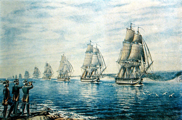 Е. Августинович. Эскадра вице-адмирала Федота Клокачёва входит в Ахтиарскую бухту.